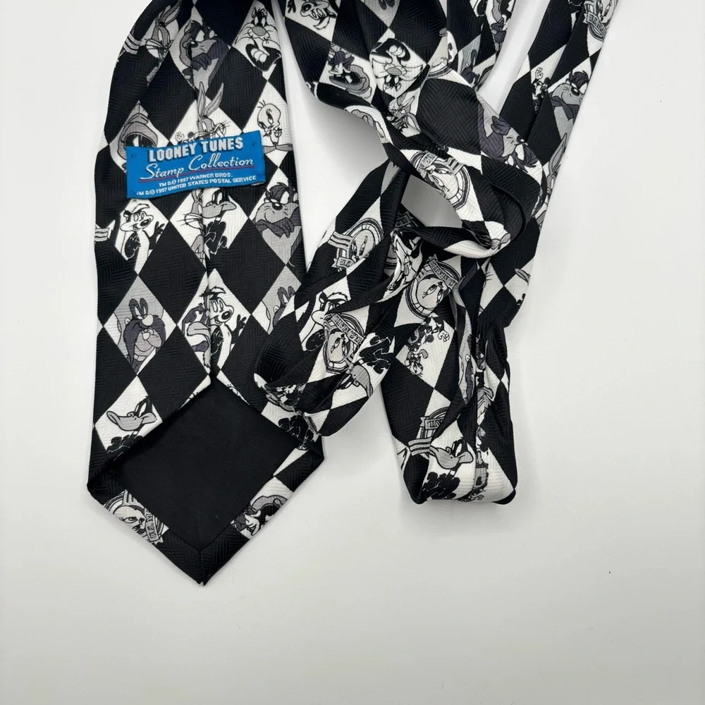 Vintage Looney Tunes Black White Checkered Stamp Tie Tweety Sylvester Bugs Bunny